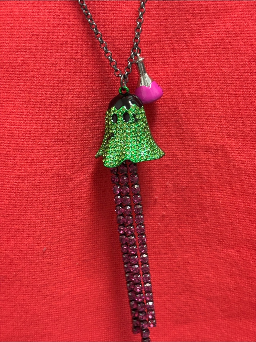 Green Bell Charm Necklace with Pink Accent - Picture 2 of 9